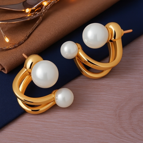 🆕️ 2-in-1 Dainty Gold Faux Pearl Earrings | Versatile Stud & Hugger Style 🌟 - Picture 8 of 12